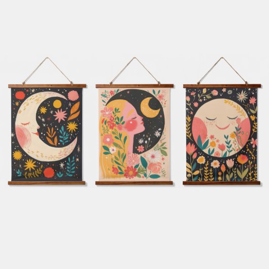 かわいい月ボヘミアン風の花のイラスト 吊り下げ型タペストリー (トリプル)