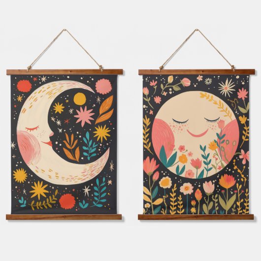 かわいい月ボヘミアン風の花のイラスト 吊り下げ型タペストリー (ダブル)