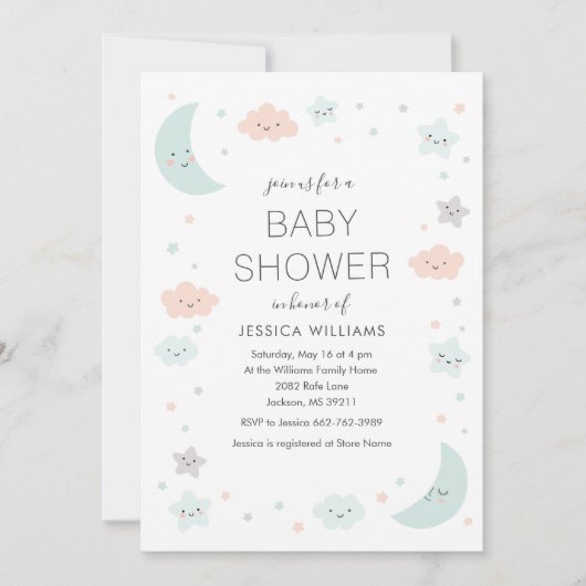 かわいい月及び星フレームのベビーシャワーの招待状 招待状 (正面)