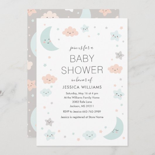 かわいい月及び星フレームのベビーシャワーの招待状 招待状 (正面/裏面)