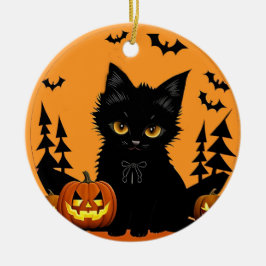 🌕🐱 かわいい月夜の猫とカボチャのハロウィンマジック ✨ セラミックオーナメント