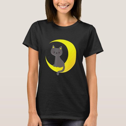 かわいい月猫月光三日月愛らしい子猫ニ Tシャツ (正面)