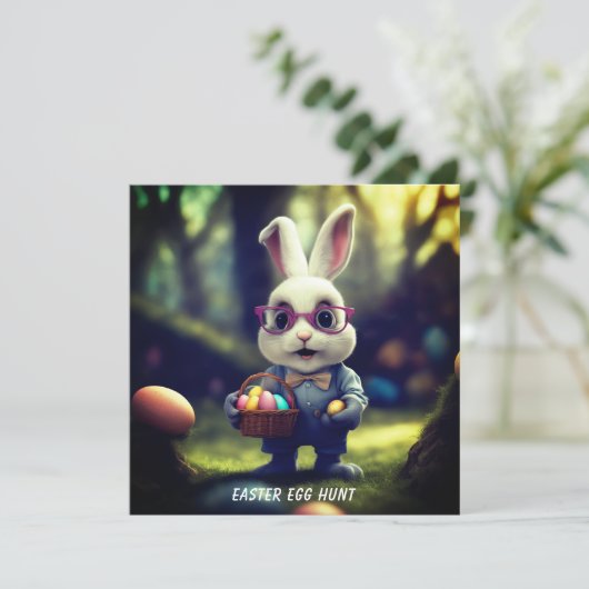 かわいい服のバニー&バスケットイースターエッグ狩りスクエア 招待状 (スタンド正面)