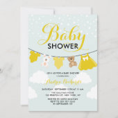 かわいい服ラインイエロー女の子ベビーシャワー 招待状 (正面)