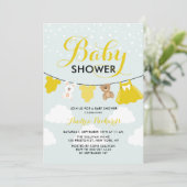 かわいい服ラインイエロー女の子ベビーシャワー 招待状 (スタンド正面)