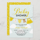 かわいい服ラインイエロー女の子ベビーシャワー 招待状 (正面/裏面)