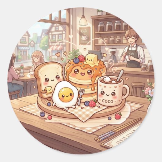 かわいい朝食カフェステッカー ラウンドシール (正面)