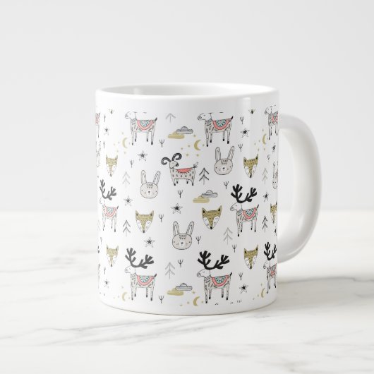 かわいい木の国の動物のドードル模様 ジャンボコーヒーマグカップ (正面右)