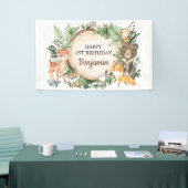 かわいい木の国の動物素朴たちが緑の1歳の誕生日 横断幕 (トレードショー)