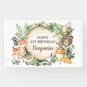 かわいい木の国の動物素朴たちが緑の1歳の誕生日 横断幕