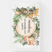 かわいい木の国の動物素朴たちが緑の1歳の誕生日 横断幕 (縦)