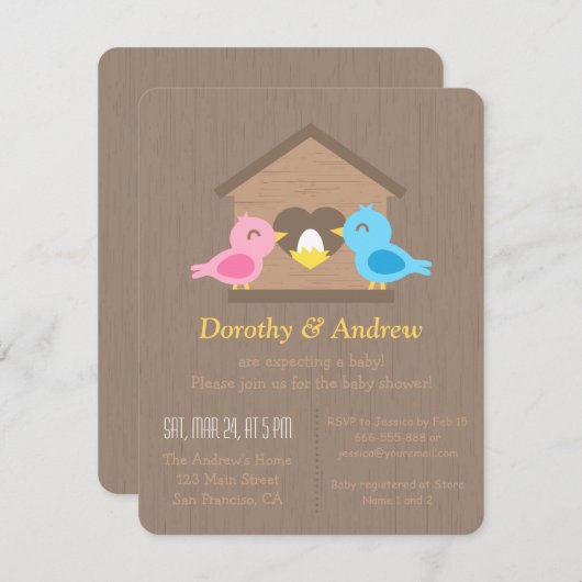かわいい木バードハウス卵鳥の赤ちゃんシャワー 招待状 (正面/裏面)