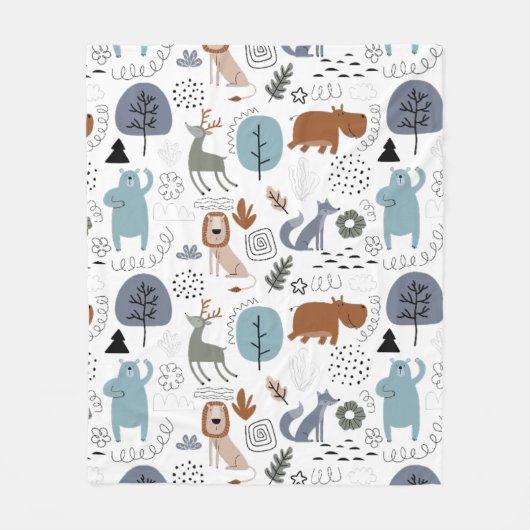 かわいい木版動物の模様モノグラム フリースブランケット (正面)