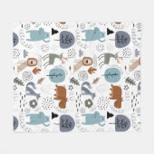 かわいい木版動物の模様モノグラム フリースブランケット (正面(横))