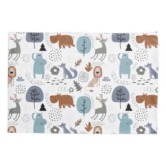 かわいい木版動物の模様モノグラム 枕カバー (裏面)