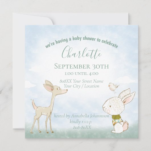 かわいい木版画の動物 招待状 (正面)