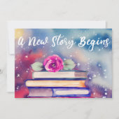 かわいい本とピンクの花の水彩赤ちゃんシャワー 招待状 (正面)