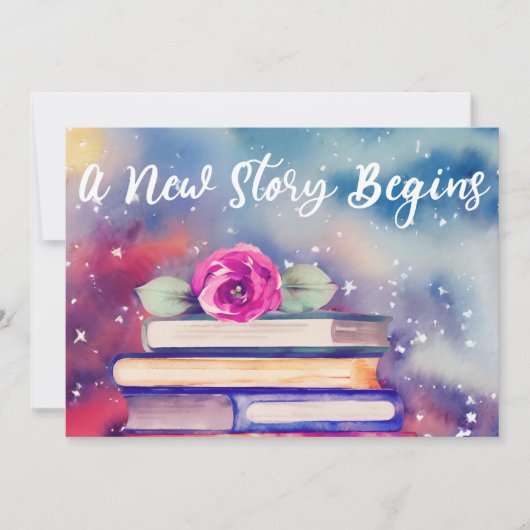 かわいい本とピンクの花の水彩赤ちゃんシャワー 招待状 (正面)