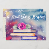 かわいい本とピンクの花の水彩赤ちゃんシャワー 招待状 (正面/裏面)