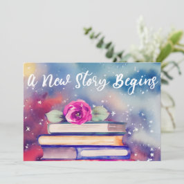 かわいい本とピンクの花の水彩 ベイビーシャワー 招待状