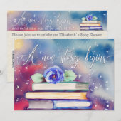 かわいい本と青い花の水彩 赤ちゃん歓迎会 招待状 (正面/裏面)