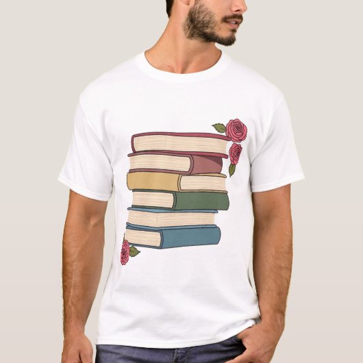 かわいい本の山とバラ Tシャツ (正面)