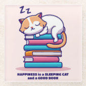 かわいい本の山に猫パーソナライズされた|過去記事 ガラスコースター (正面)