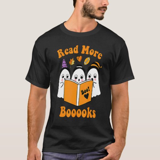 かわいい本の幽霊 もっと本を読もう 面白い先生のハロウィン Tシャツ (正面)