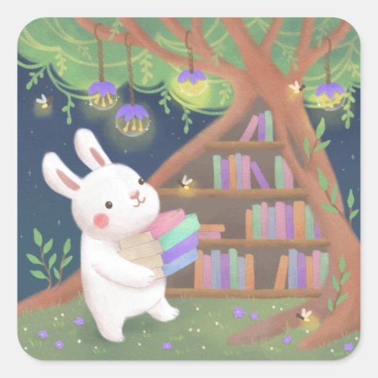 かわいい本の虫うさぎのイラスト スクエアシール (正面)