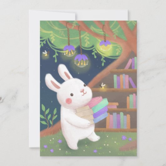 かわいい本の虫うさぎのイラスト 招待状 (正面)