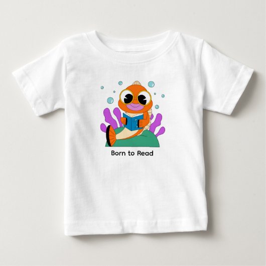 かわいい本の虫の魚のキャラクター - 知的な海の生き物 再 ベビーTシャツ (正面)