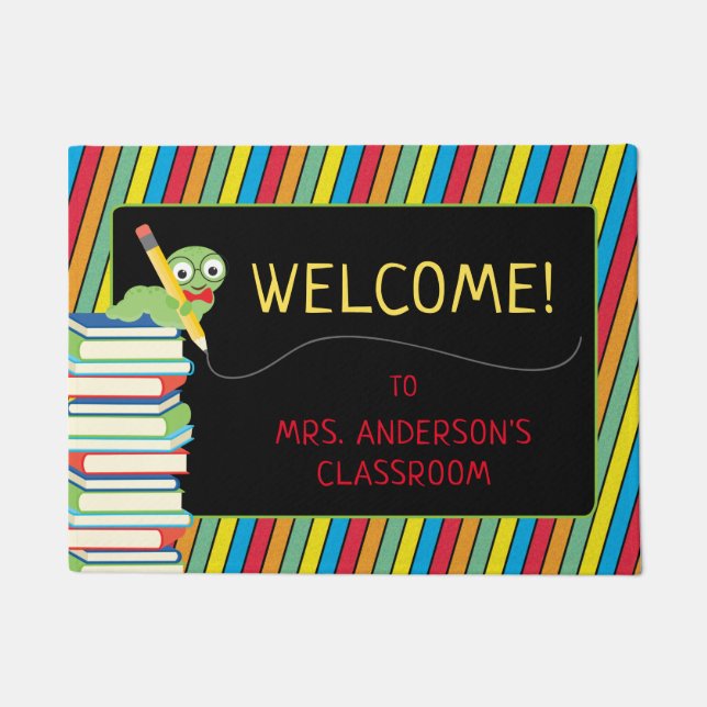 かわいい本の虫 |カラフルストライプ先生 ドアマット (正面)