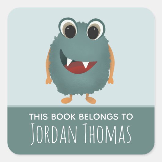 かわいい本は属する青いモンスター蔵書票 スクエアシール (正面)