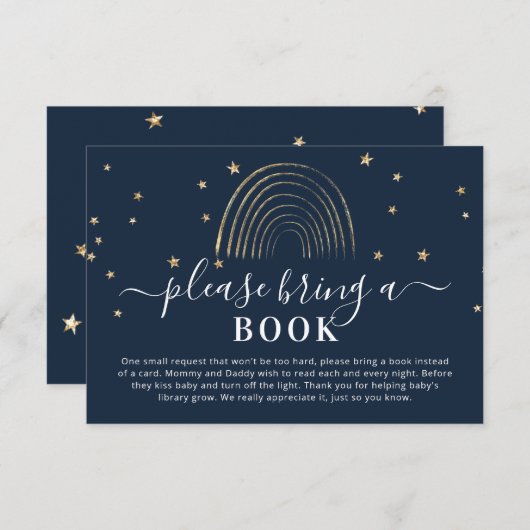 かわいい本を持って行く金ゴールドレインボー&スターベビーシャワー エンクロージャーカード (正面/裏面)