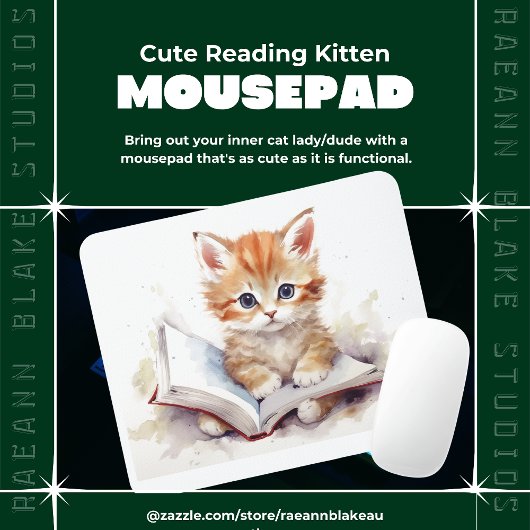 かわいい本を読む子猫のマウスパッド マウスパッド