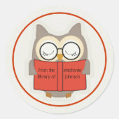 かわいい本切りフクロウ赤いトープ白蔵書票 ラウンドシール (正面)