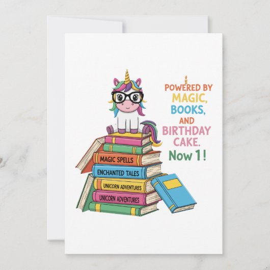 かわいい本好きユニコーンの1歳誕生日 | 魔法の読み物 招待状 (正面)