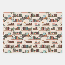 かわいい本棚のパターン ラッピングペーパーシート