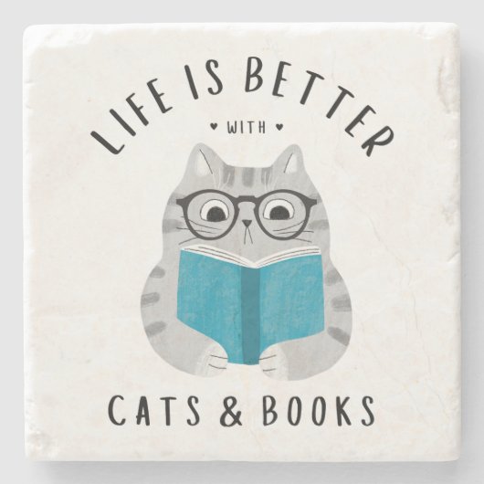 かわいい本読好き猫の本 ストーンコースター (正面)
