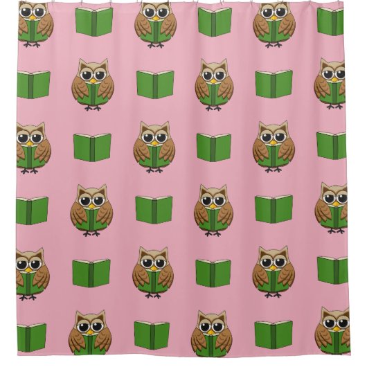 かわいい本読虫フクロウの漫画 シャワーカーテン (正面)