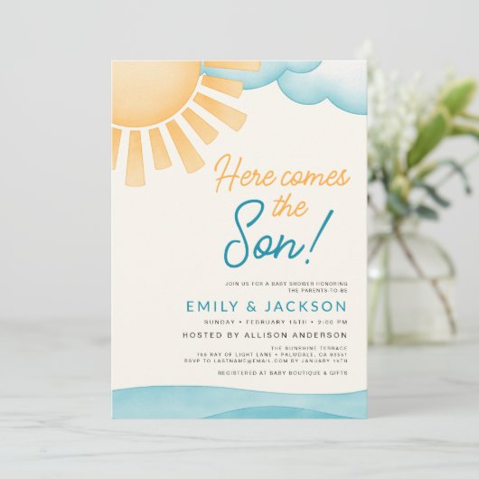 かわいい来ここで息子の男の赤ちゃんシャワー 招待状 (スタンド正面)