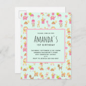かわいい柄と子供部屋動物&おもちゃの誕生日 インビテーションポストカード (正面/裏面)