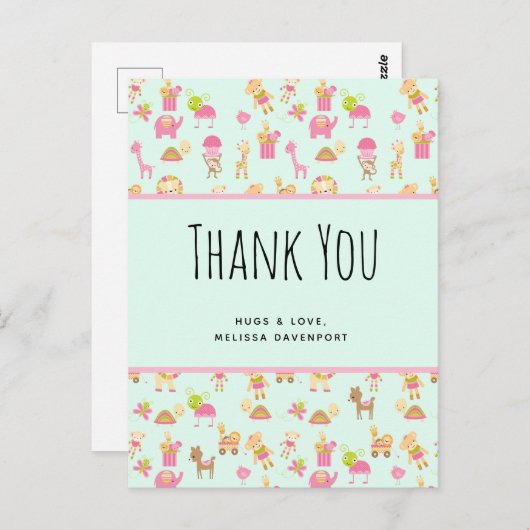 かわいい柄子供部屋動物&おもちゃありがとう ポストカード (正面/裏面)