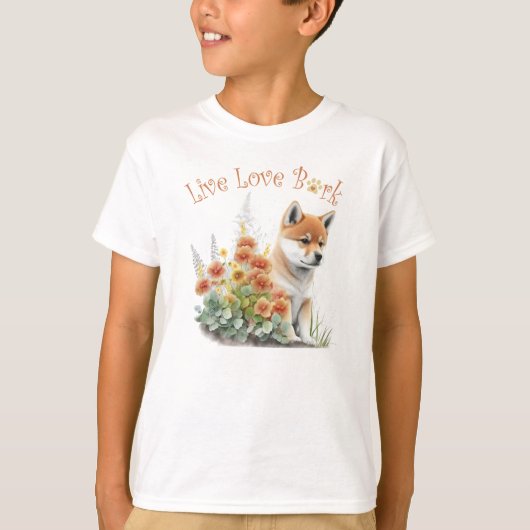 かわいい柴犬の花柄デザイン Tシャツ (正面)