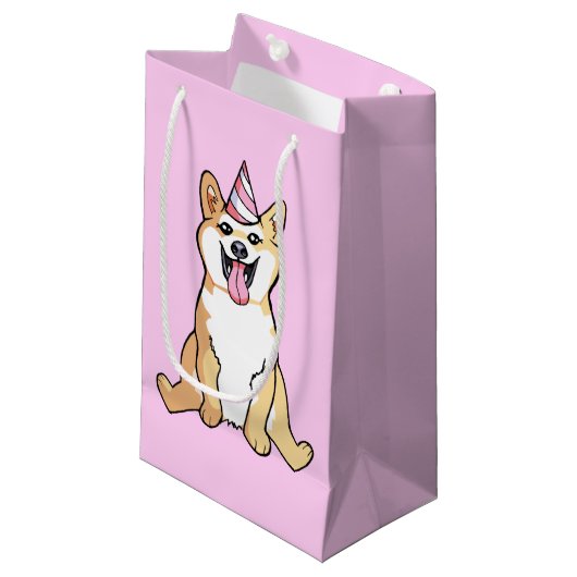 かわいい柴犬犬のパーティーの帽子のスケッチのギフトバッグ スモールペーパーバッグ (正面アングル)