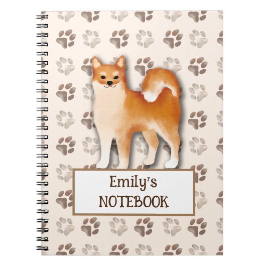 かわいい柴犬犬の足跡のカスタマイズ可能な名前 ノートブック (正面)