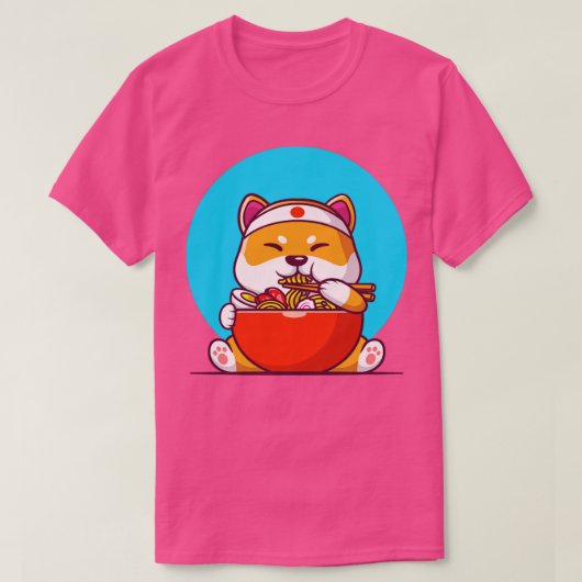 かわいい柴犬食べのラーメン麺 Tシャツ (デザイン正面)