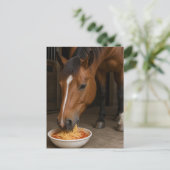 かわいい栗毛の馬がスパゲッティを食べている ポストカード (スタンド正面)