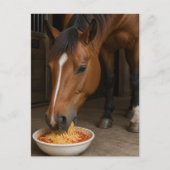 かわいい栗毛の馬がスパゲッティを食べている ポストカード (正面)