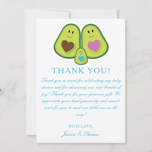 かわいい格子のアボカドの男の子の赤ちゃんシャワーサンキューカード サンキューカード (正面)